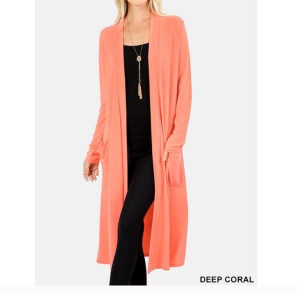 Knee length cardigan in coral